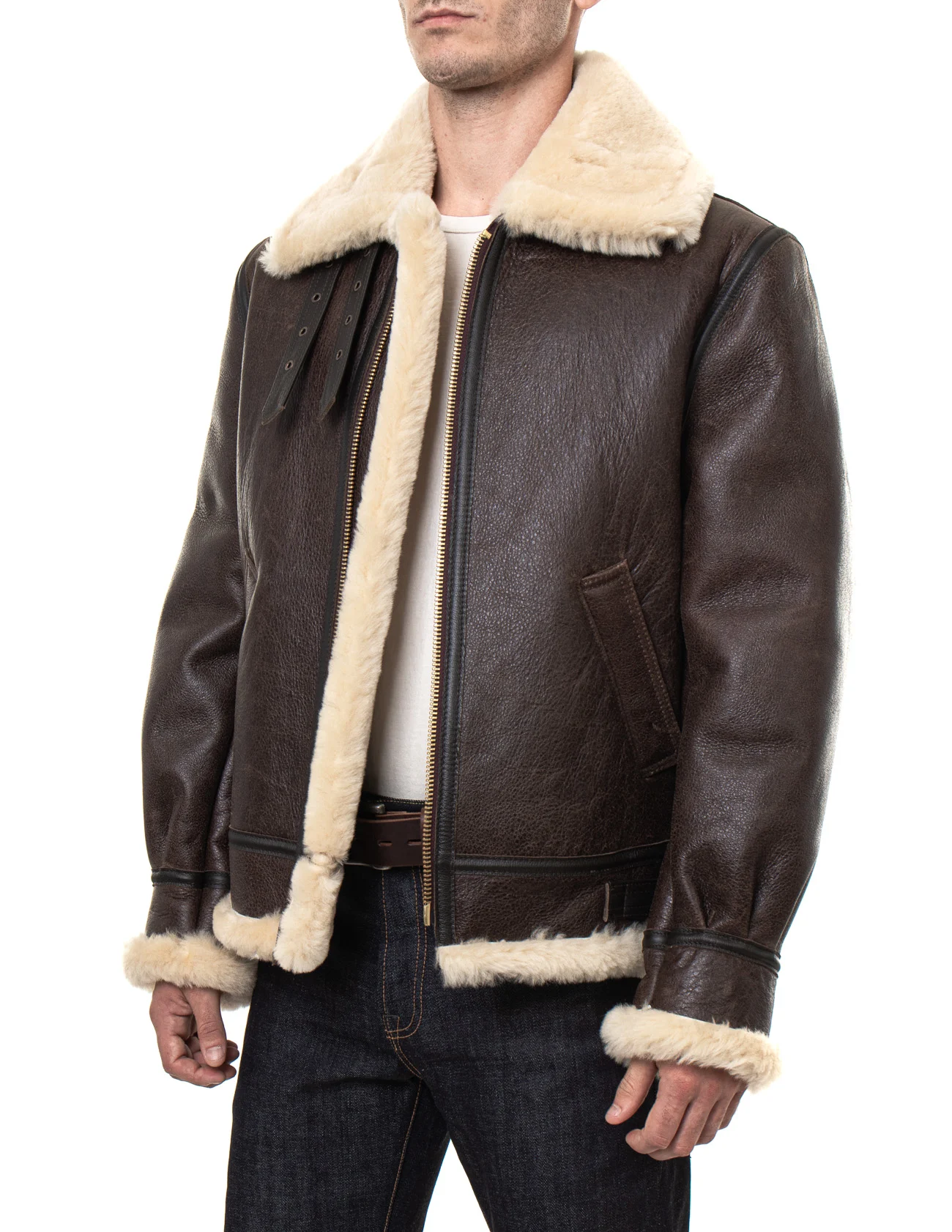 Model wearing Mens Dark Brown B3 Shearling Leather Aviator Flight Jacket with dark jeans on white background
