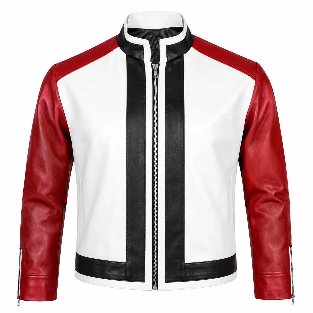 Front view of the tricolor red, white, and black leather jacket featuring vertical black chest stripes, red sleeves, and band collar. Men’s Red White and Black Star Leather Jacket