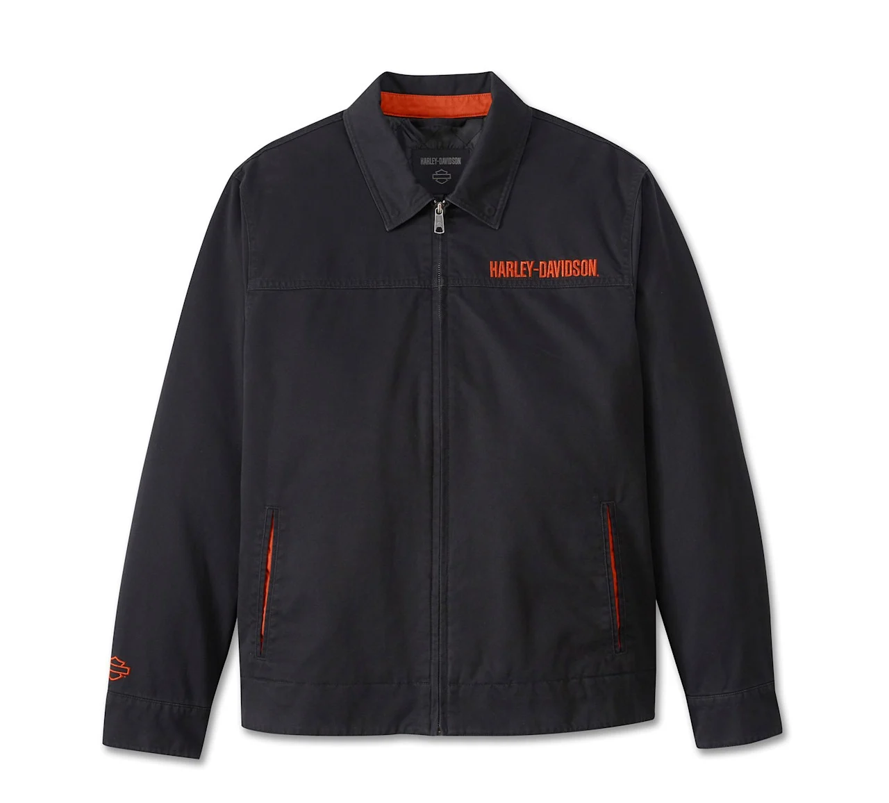 Studio front view of Mens Harley Davidson Black Canvas Mechanic Jacket