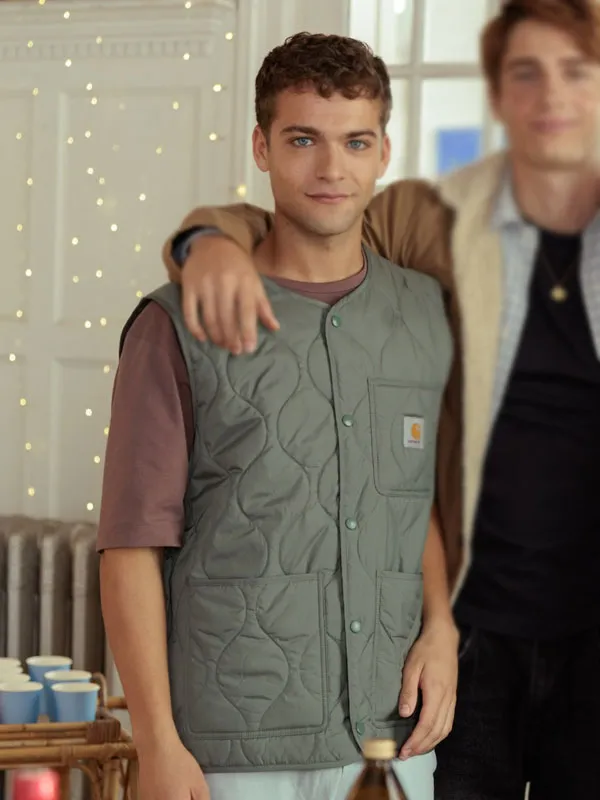 Male model wearing Boulevard Jon Lukas Quilted Vest over mauve t-shirt. Boulevard Jon Lukas Quilted Vest