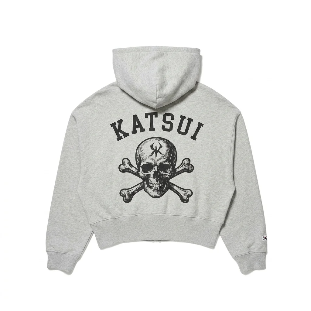 Studio back view of Womens Grey Leopard KAT Zip Up Cropped Hoodie showing KATSUI skull print