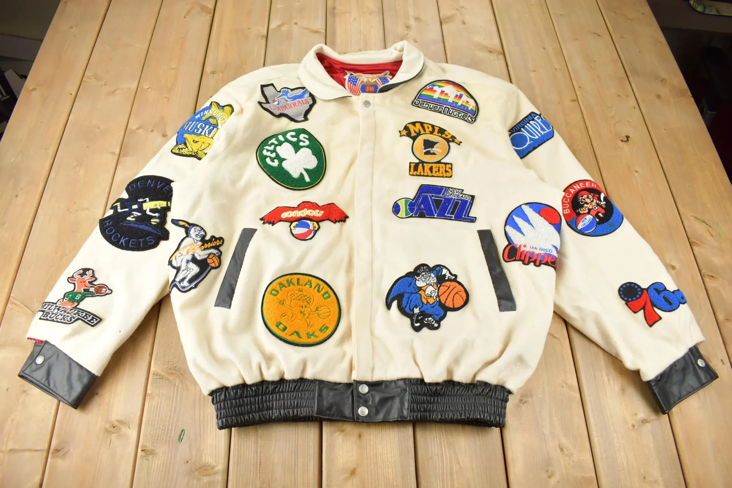 Vintage Jeff Hamilton ABA jacket off white wool with basketball team patches