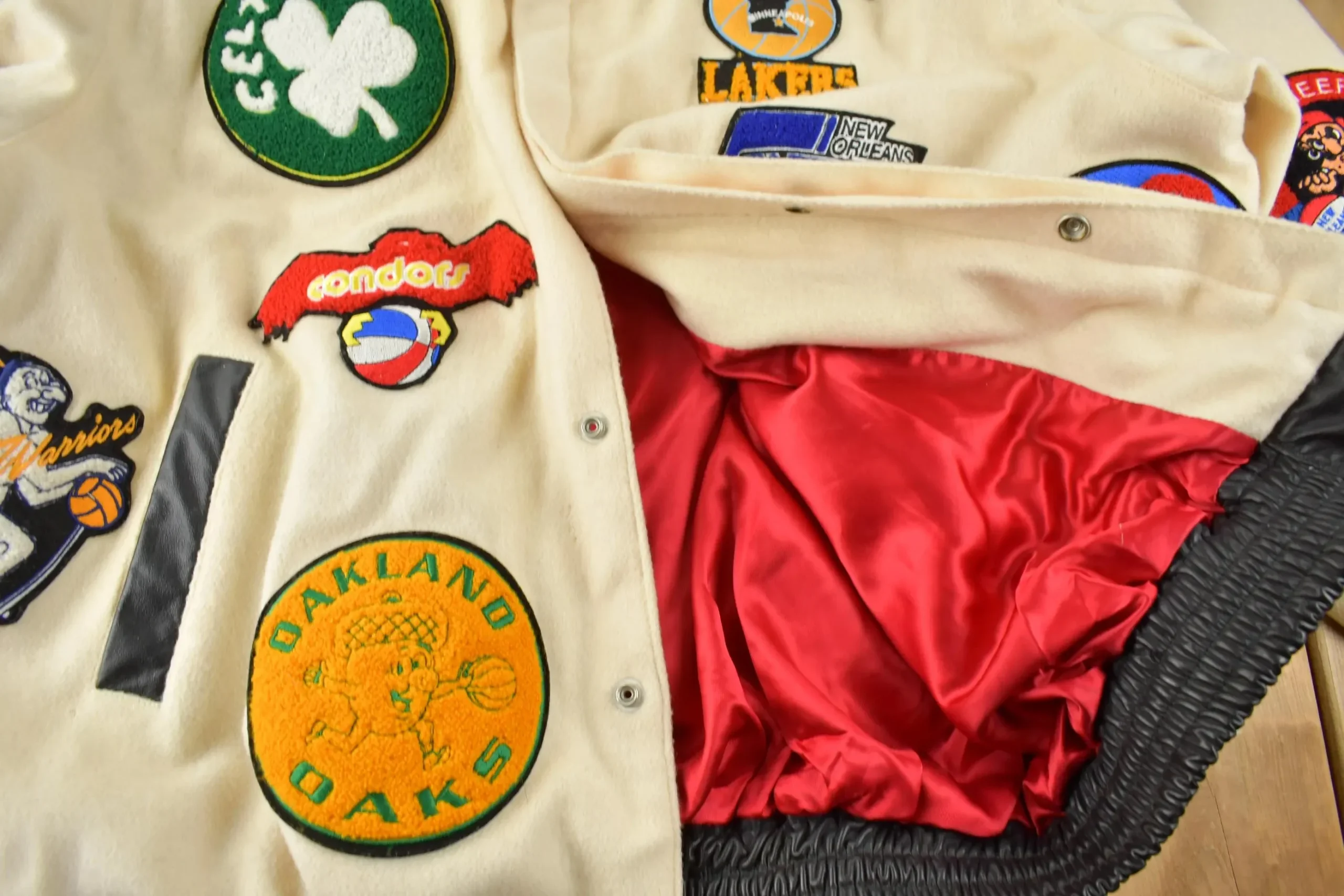 Red quilted satin lining inside a vintage Jeff Hamilton ABA jacket