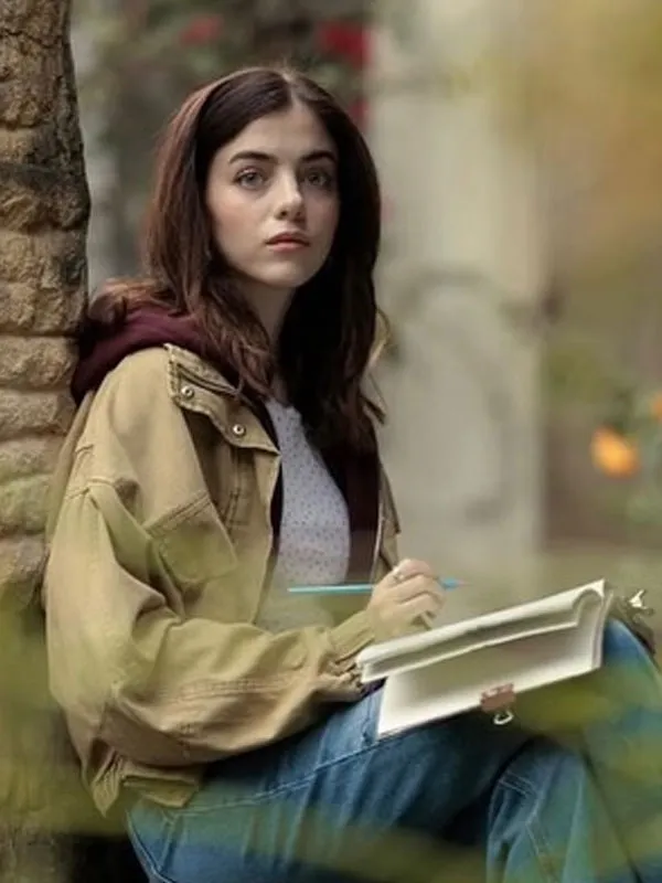 Female model sitting and wearing Boulevard Eve Ryan Brown Cotton Jacket. Boulevard Eve Ryan Brown Cotton Jacket
