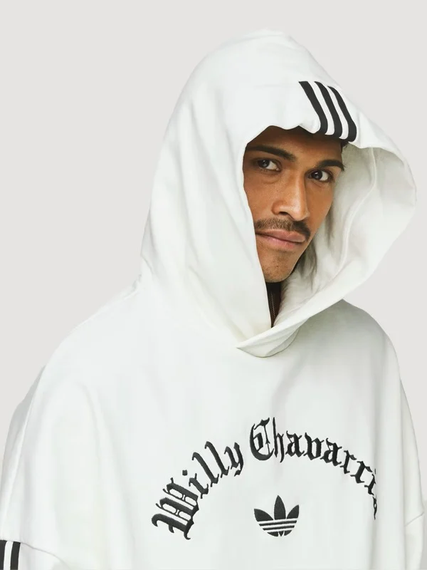 Close-up model view of Mens Adidas x Willy Chavarria Oversized Off White Hoodie