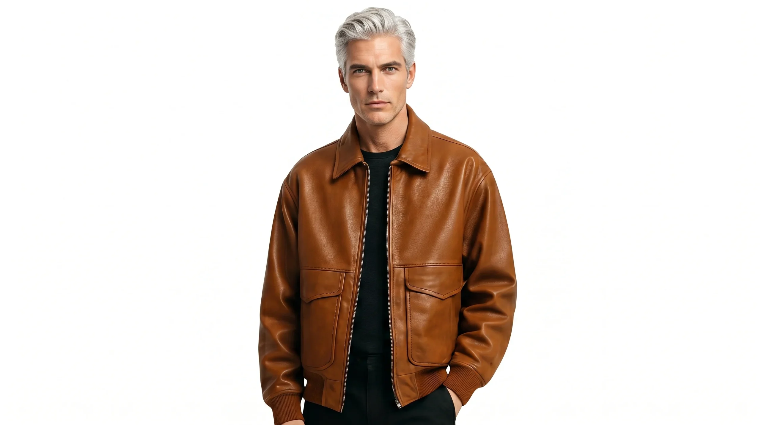 Men's brown leather bomber jacket front view on model