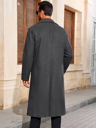 Men's Single Breasted Long Wool Blend Trench Coat - Charcoal Grey - Image 2