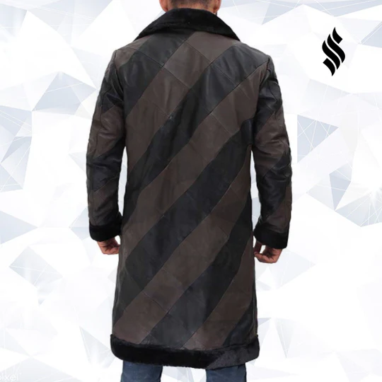 Men's Diagonal Patchwork Black & Brown Long Shearling Trench Coat - Image 2