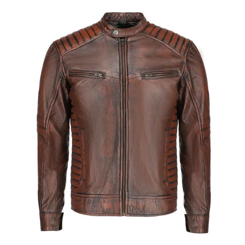Men's distressed brown biker leather jacket front view with padded shoulders