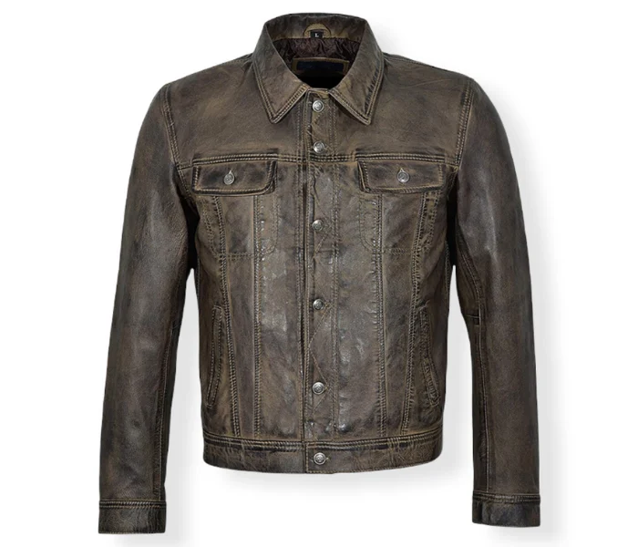 Men's distressed leather trucker jacket front view with button closure