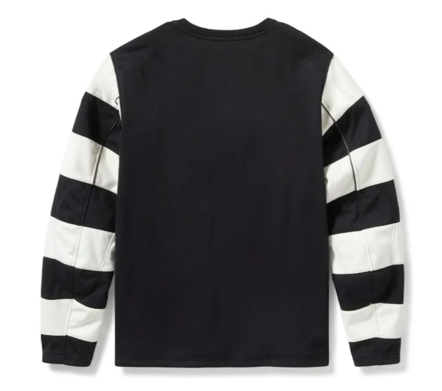 Studio back view of Mens Harley Davidson Black Striped Sleeve Crewneck Sweater