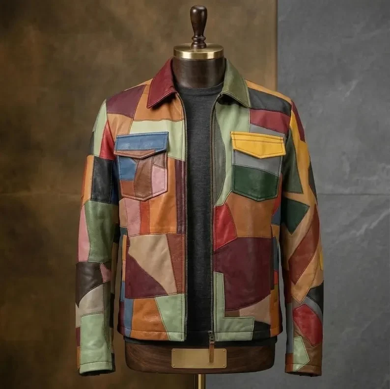 Men's multicolor faux leather patchwork jacket with colorful geometric panels