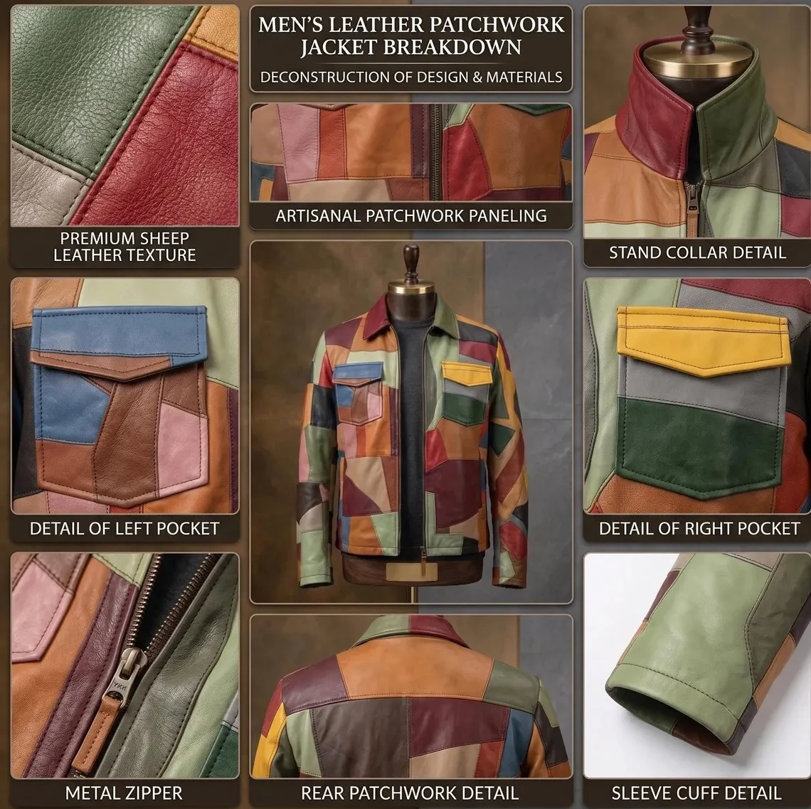 Men's multicolor faux leather patchwork jacket with colorful geometric panels