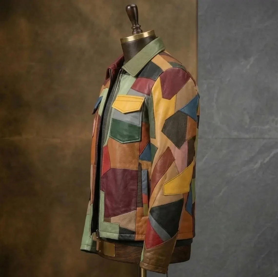 Side view of multicolor faux leather patchwork jacket for men