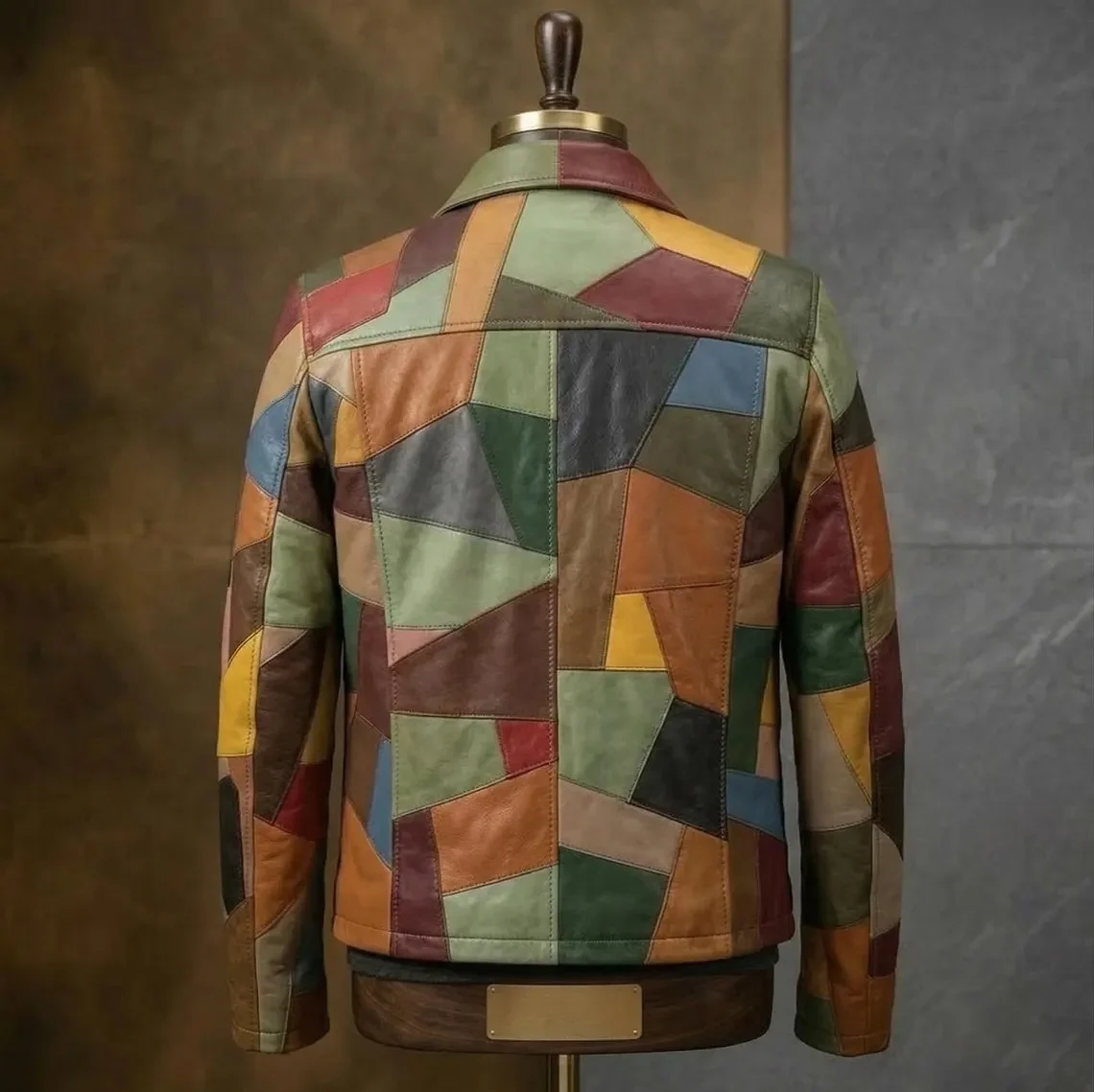 Back view of men's multicolor faux leather patchwork jacket
