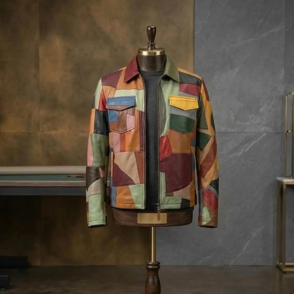 Men's multicolor faux leather patchwork jacket with colorful geometric panels