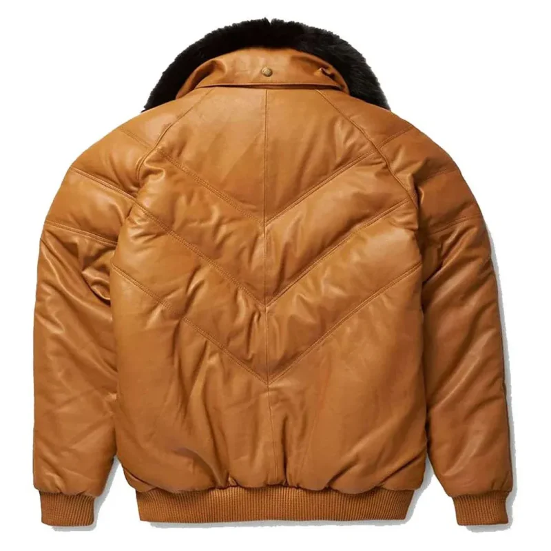 Men's Tan Brown V-Bomber Real Leather Jacket - Image 2