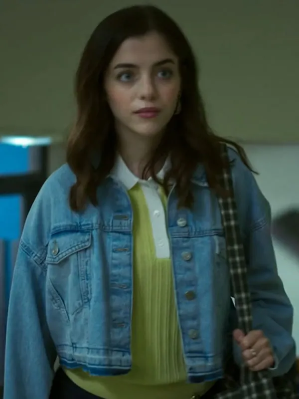 Female model wearing Boulevard Eve Ryan Cropped Denim Jacket over a green polo. Boulevard Eve Ryan Cropped Denim Jacket