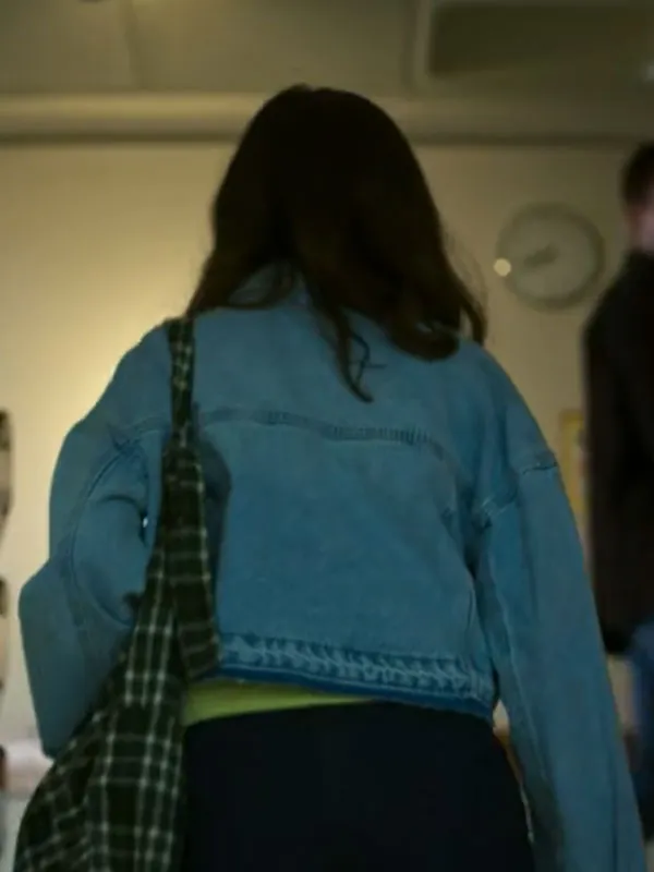Female model wearing Boulevard Eve Ryan Cropped Denim Jacket seen from behind