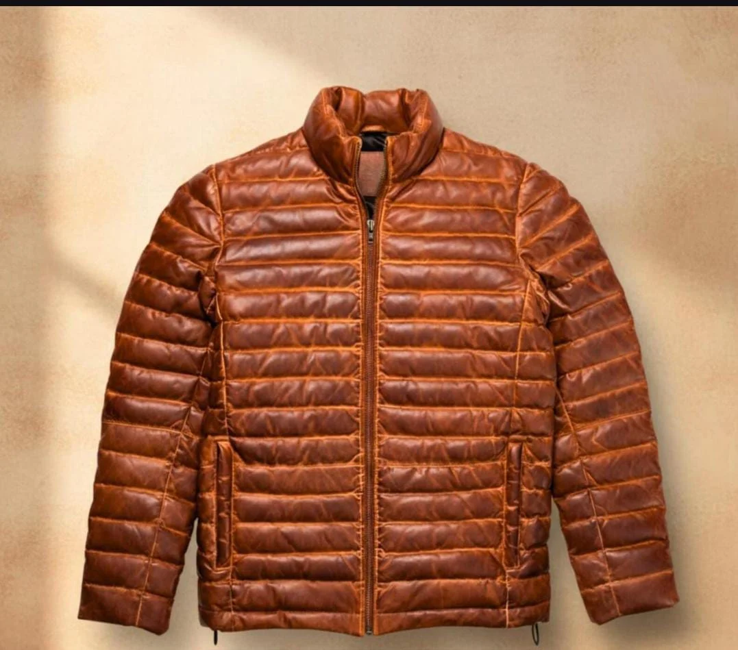 men's cognac leather puffer jacket front view quilted