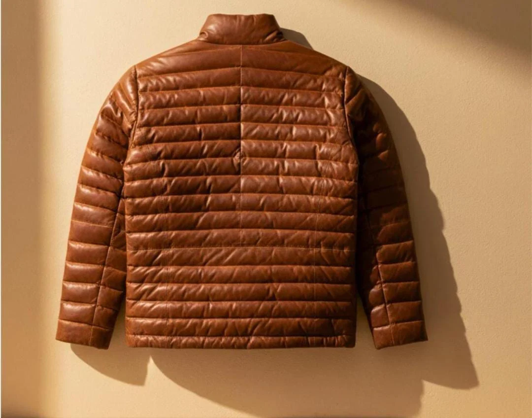men's cognac leather puffer jacket back view quilting