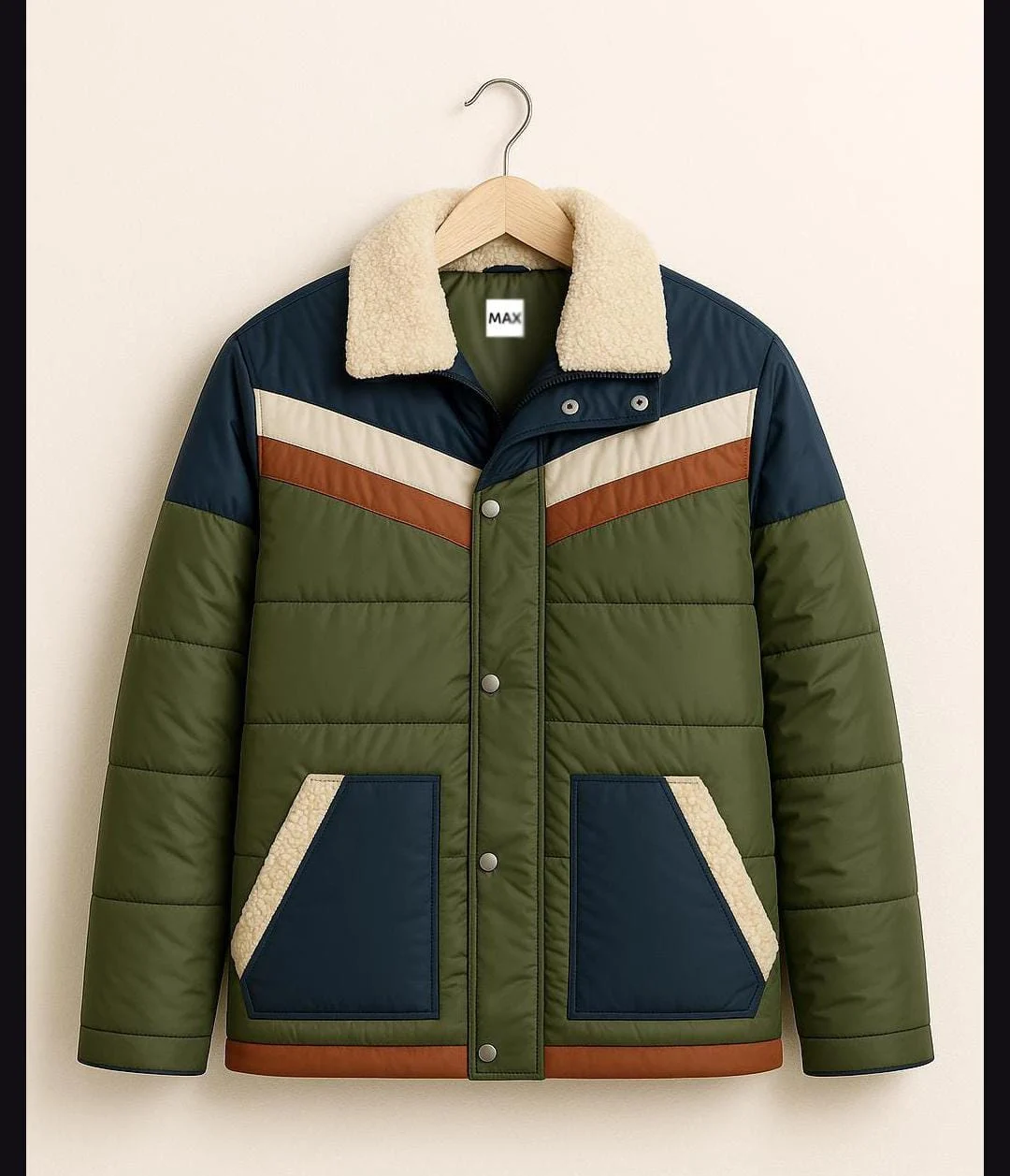 men's green colorblock jacket front view sherpa collar