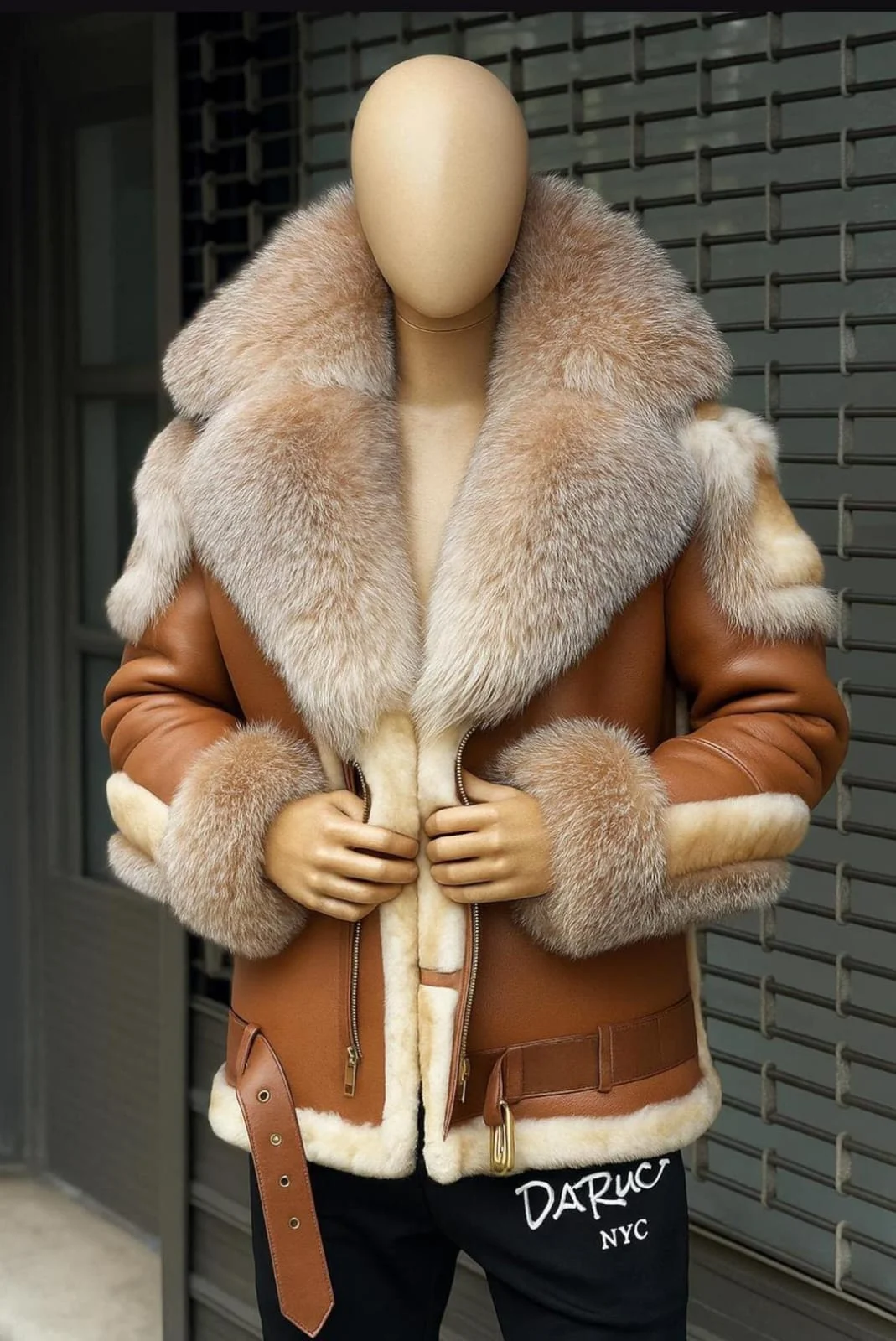 men's shearling bomber jacket front view fur collar