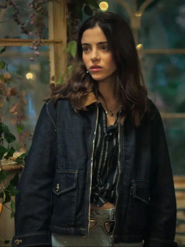 Female model wearing Boulevard Eve Ryan Blue Denim Jacket over striped shirt. Boulevard Eve Ryan Blue Denim Jacket