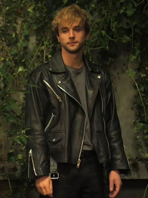 Male model wearing Boulevard Mikel Niso Black Biker Leather Jacket over grey shirt. Boulevard Mikel Niso Black Biker Leather Jacket