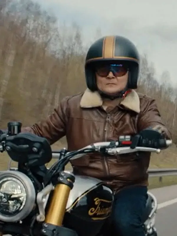 Male model wearing Matchbox the Movie Arturo Castro Leather Jacket on motorcycle. Matchbox the Movie Arturo Castro Leather Jacket