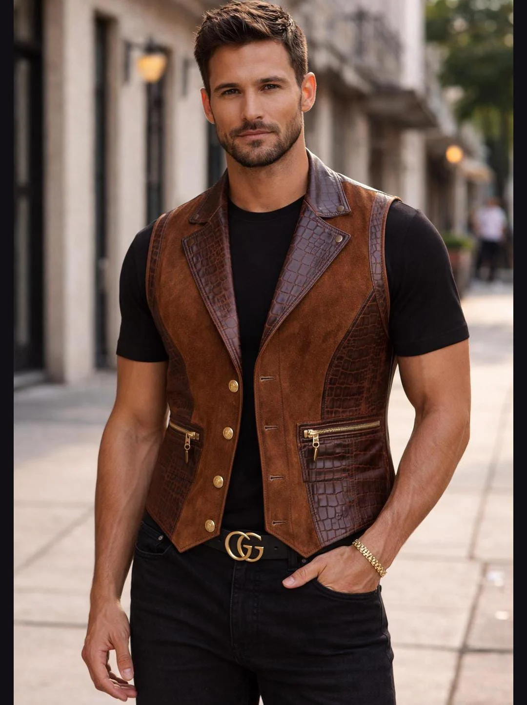 men's suede leather vest back view crocodile panels