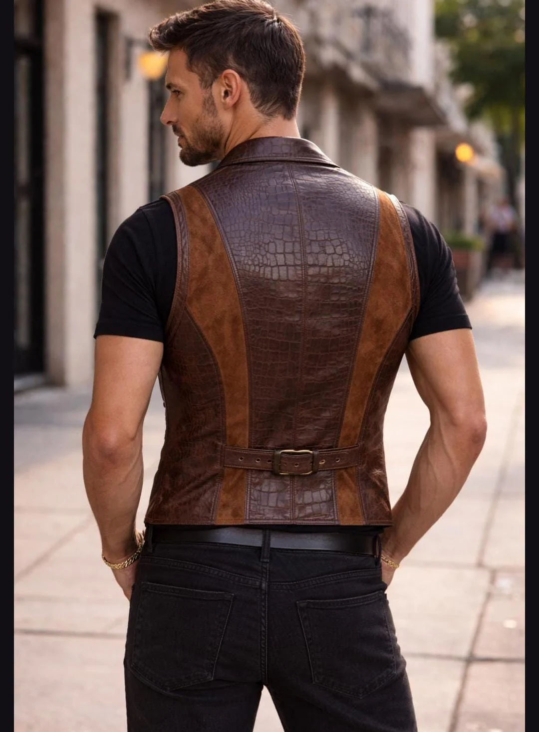 men's suede leather vest back view crocodile panels