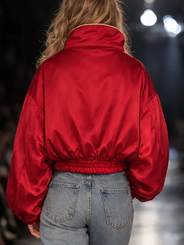 Women's Red Satin Toggle Closure Bomber Jacket - Image 2