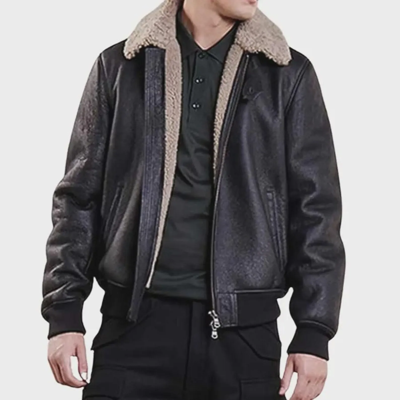 Men's black leather bomber jacket with shearling collar, front open view