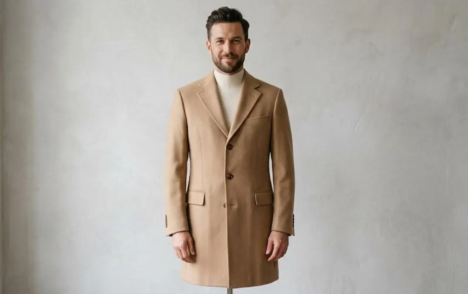 Men's camel wool-blend overcoat, tailored fit, front view