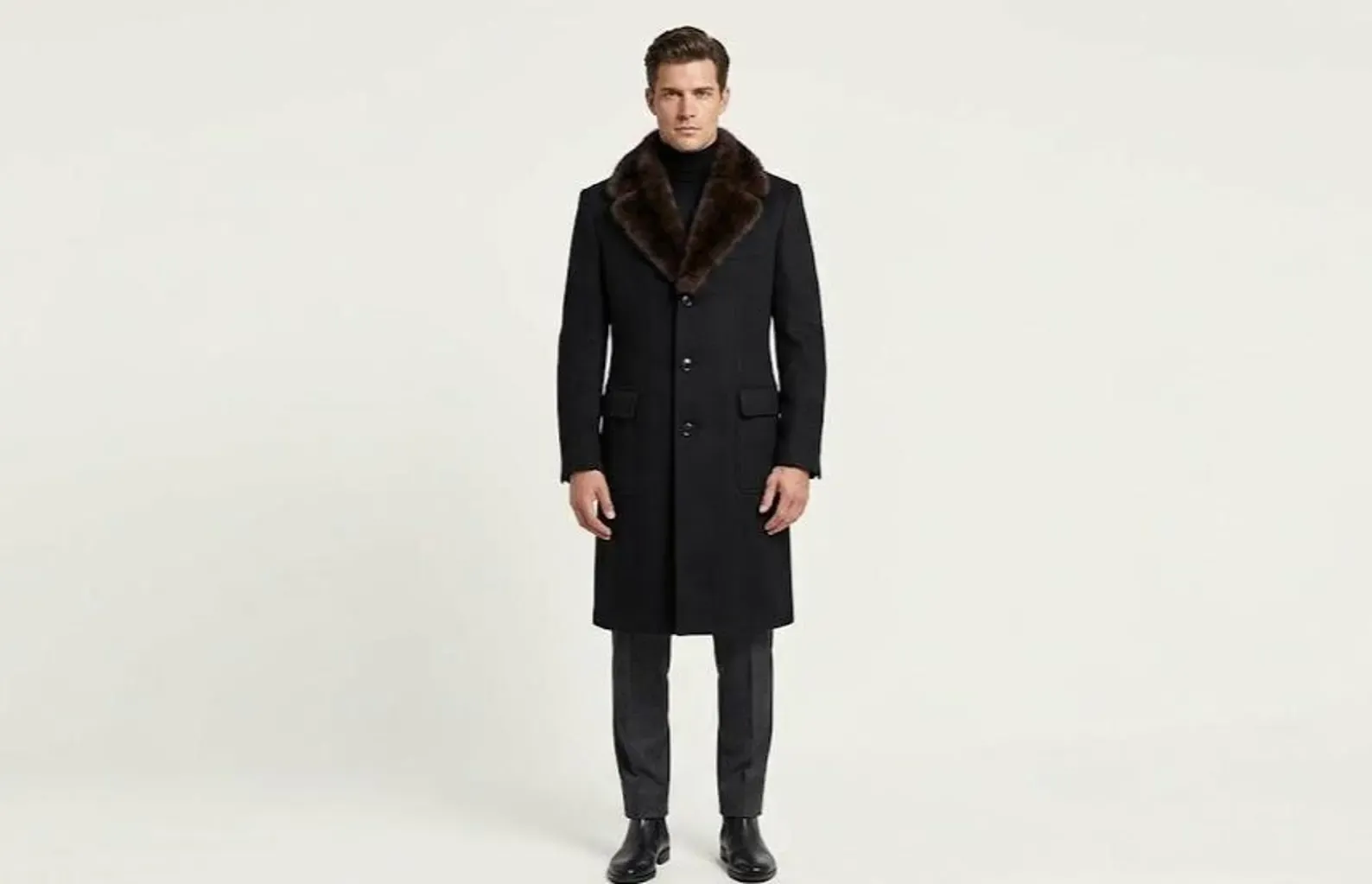 Men's black wool overcoat with brown faux fur collar, front view