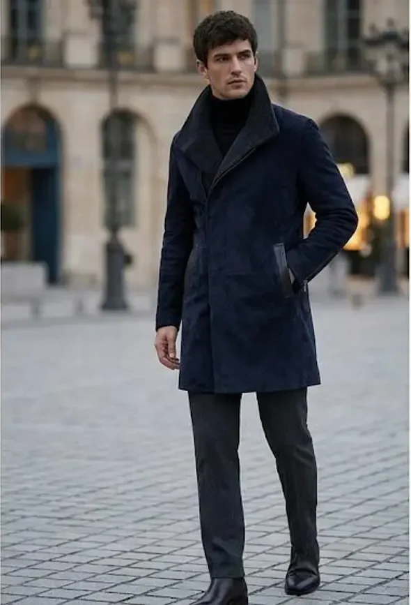 Mens suede coat shearling collar, navy, front view