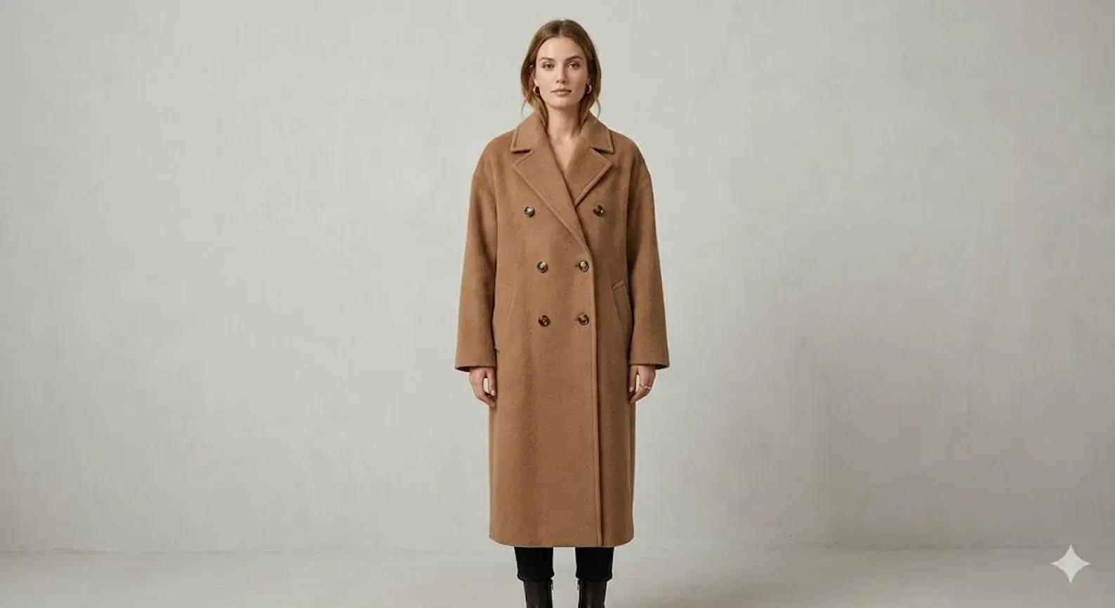 Womens oversized double breasted camel coat, front view