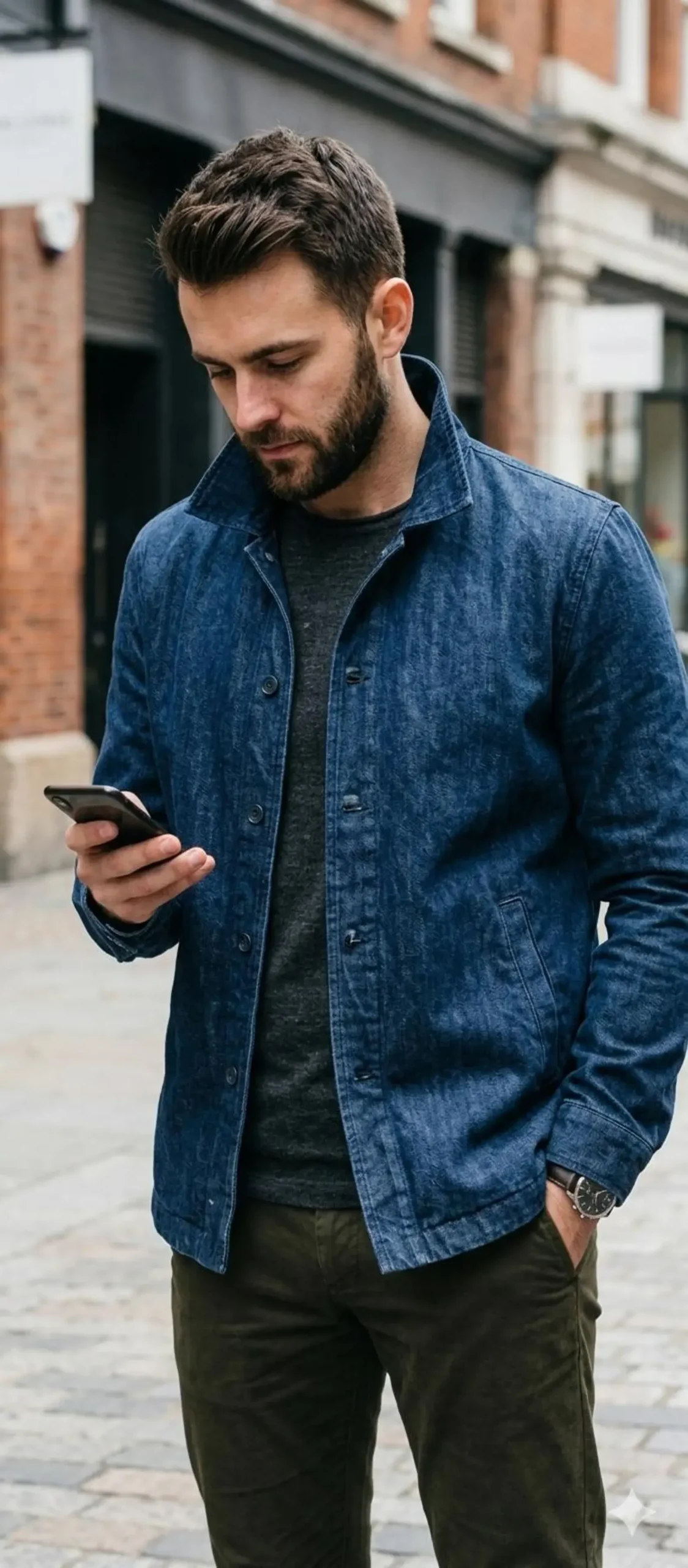 Mens denim shirt jacket, indigo, front view