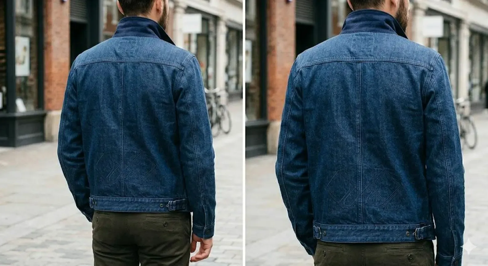 Mens denim shirt jacket, indigo, front view