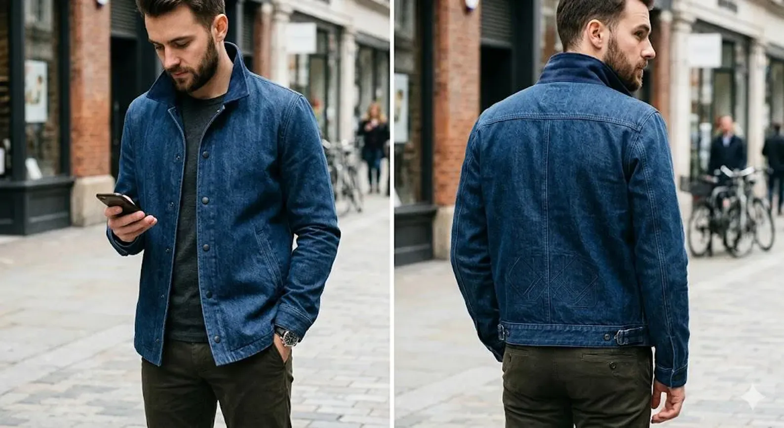 Mens denim shirt jacket, indigo, front view