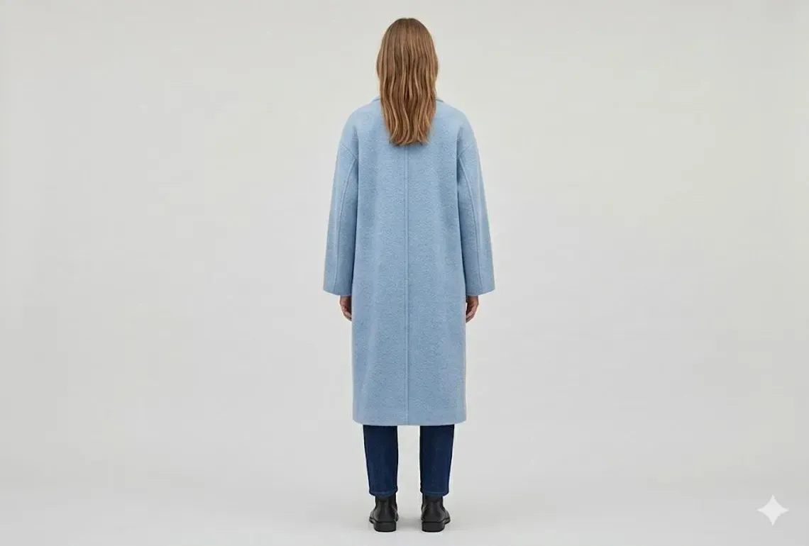 Women’s light blue peacoat with double-breasted four-button front