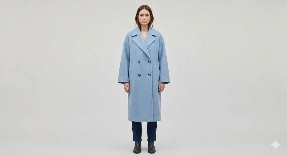 Women’s light blue peacoat with double-breasted four-button front