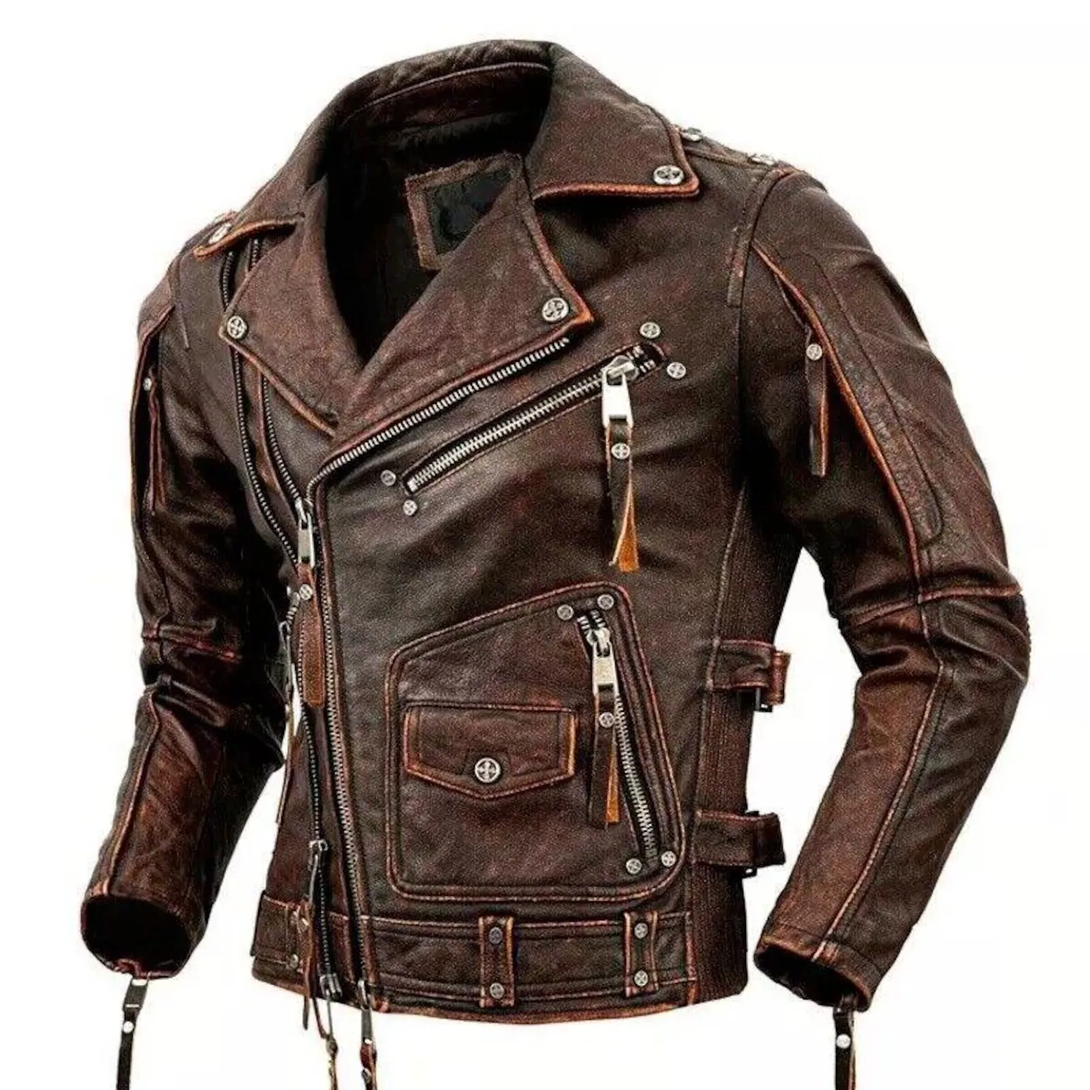 men's brown leather biker jacket front view distressed cowhide