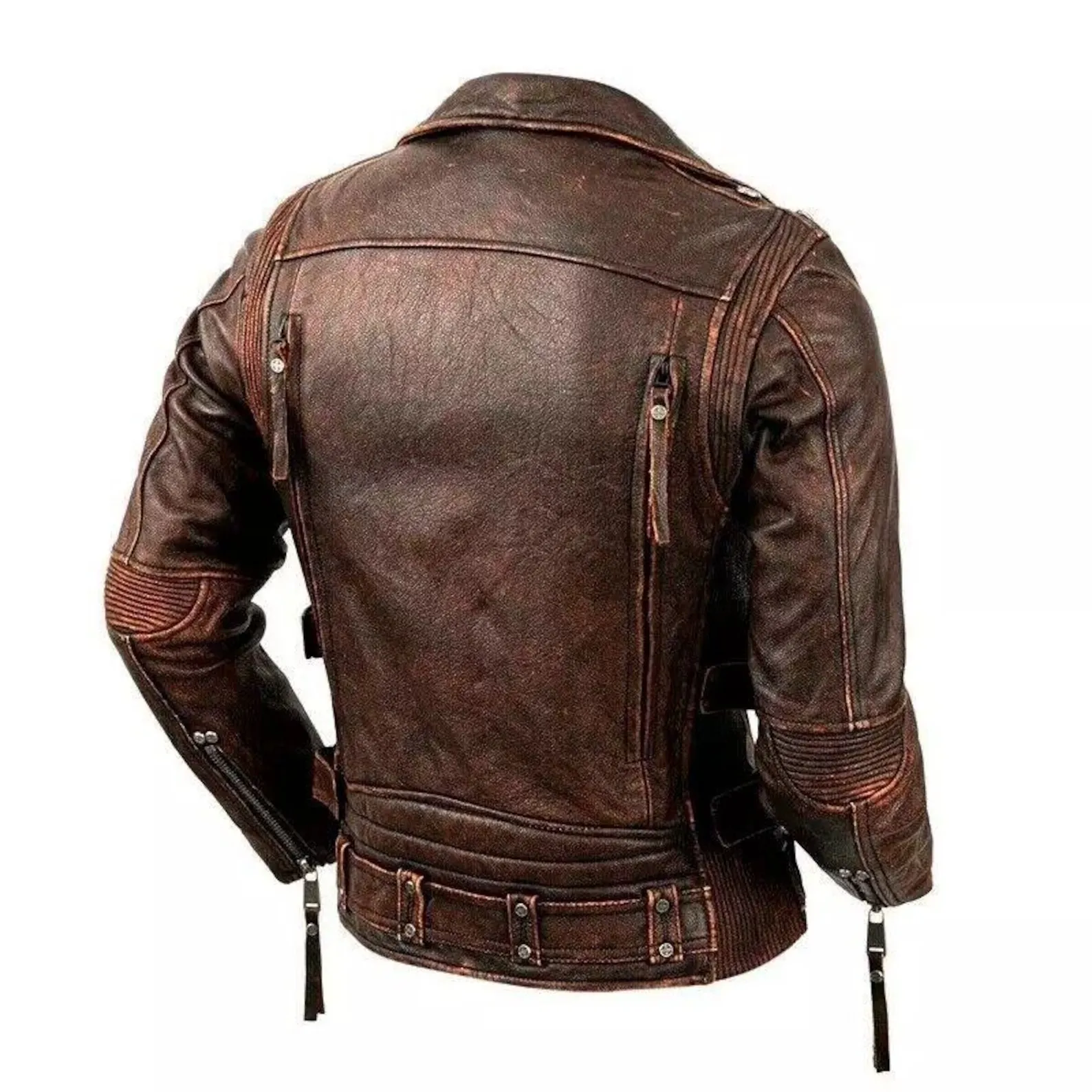men's brown leather biker jacket back view quilted panels