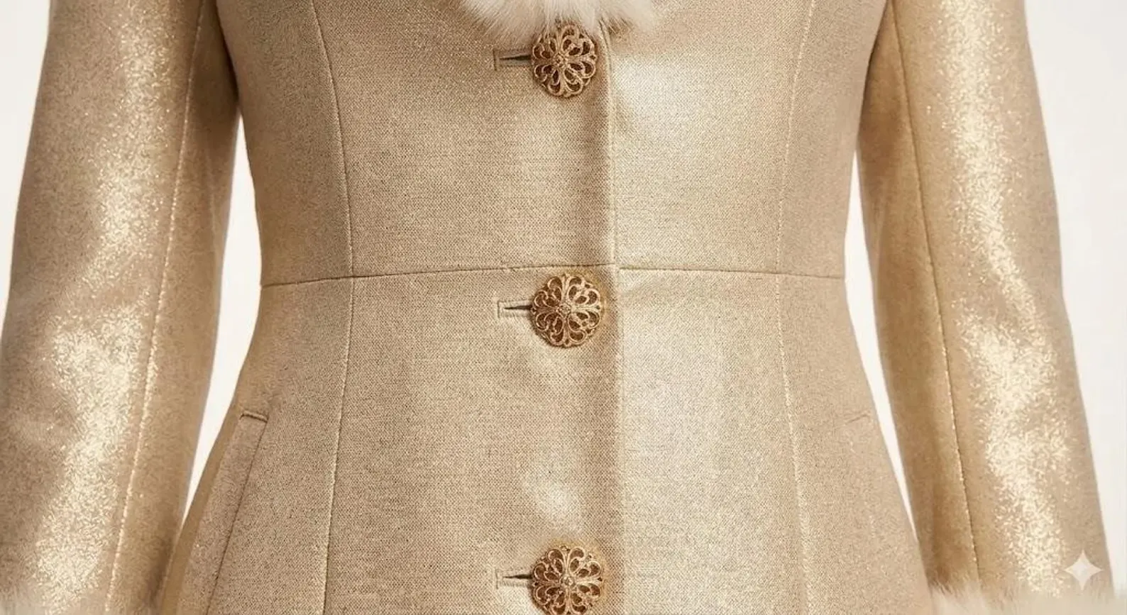 women's champagne faux leather coat button and fabric detail