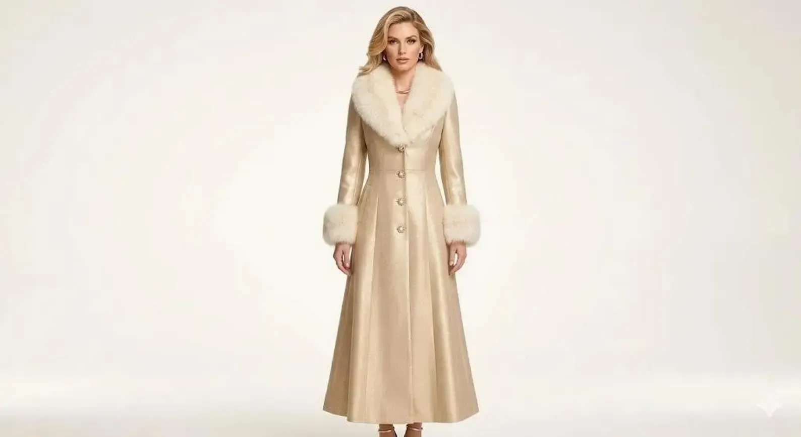women's champagne faux leather coat front view floor length
