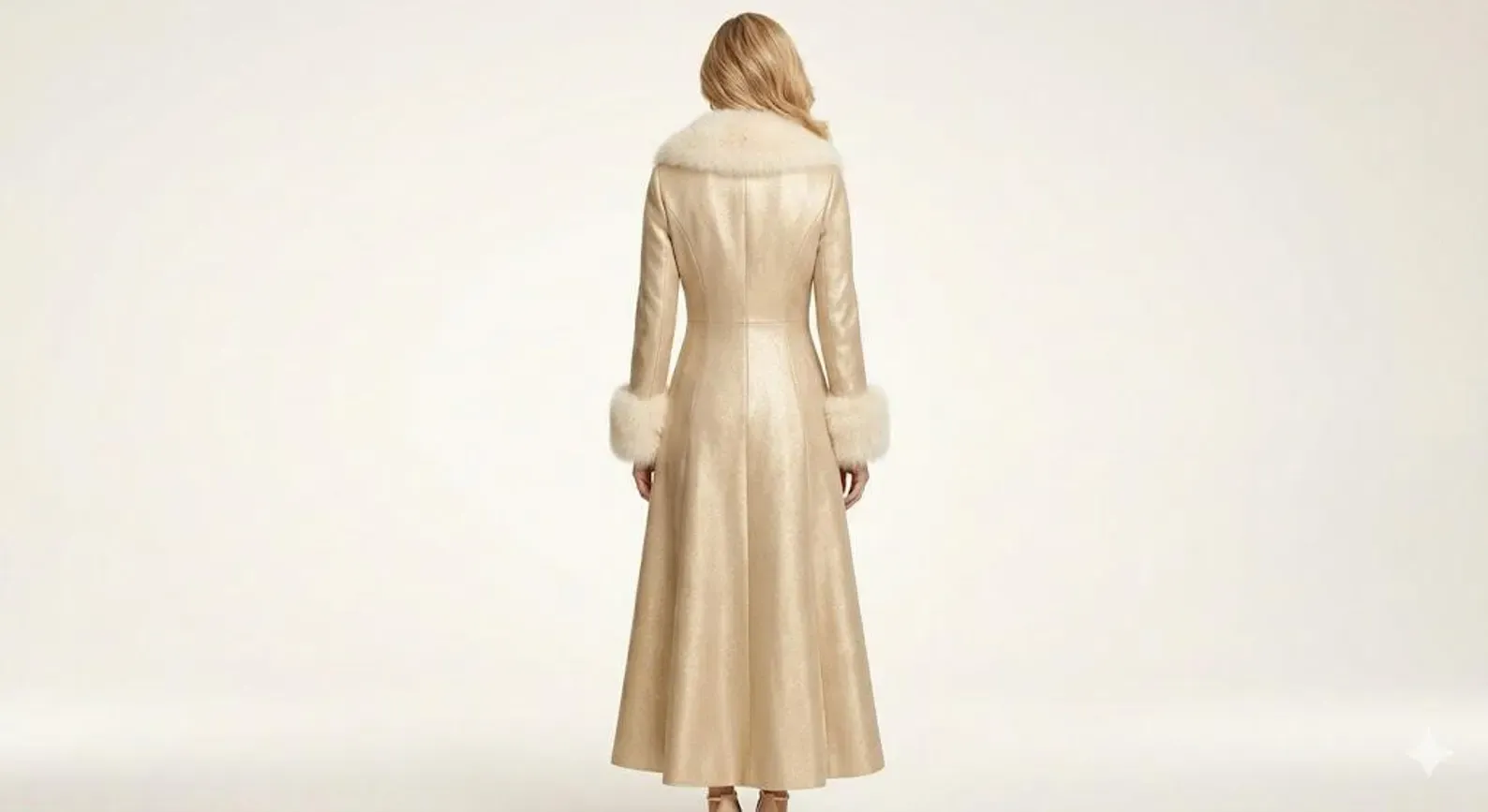 women's champagne faux leather coat back view fur cuffs