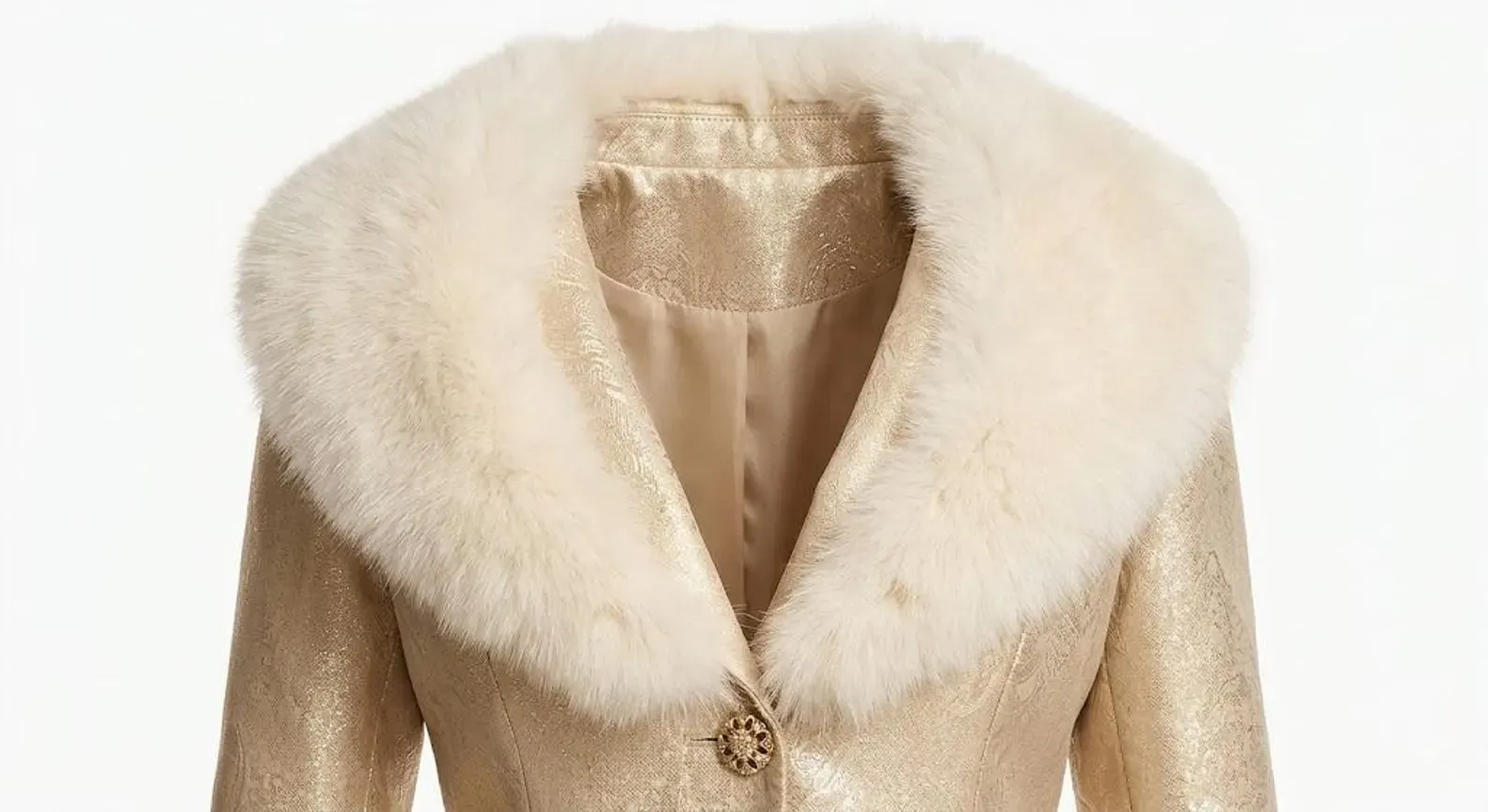 women's champagne faux leather coat faux fur collar close up