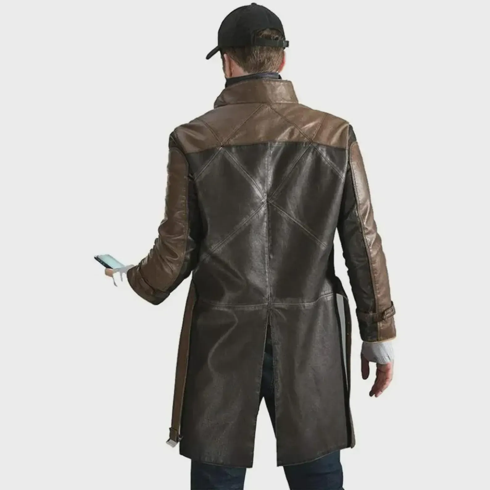 men's distressed brown leather coat back view quilted panels